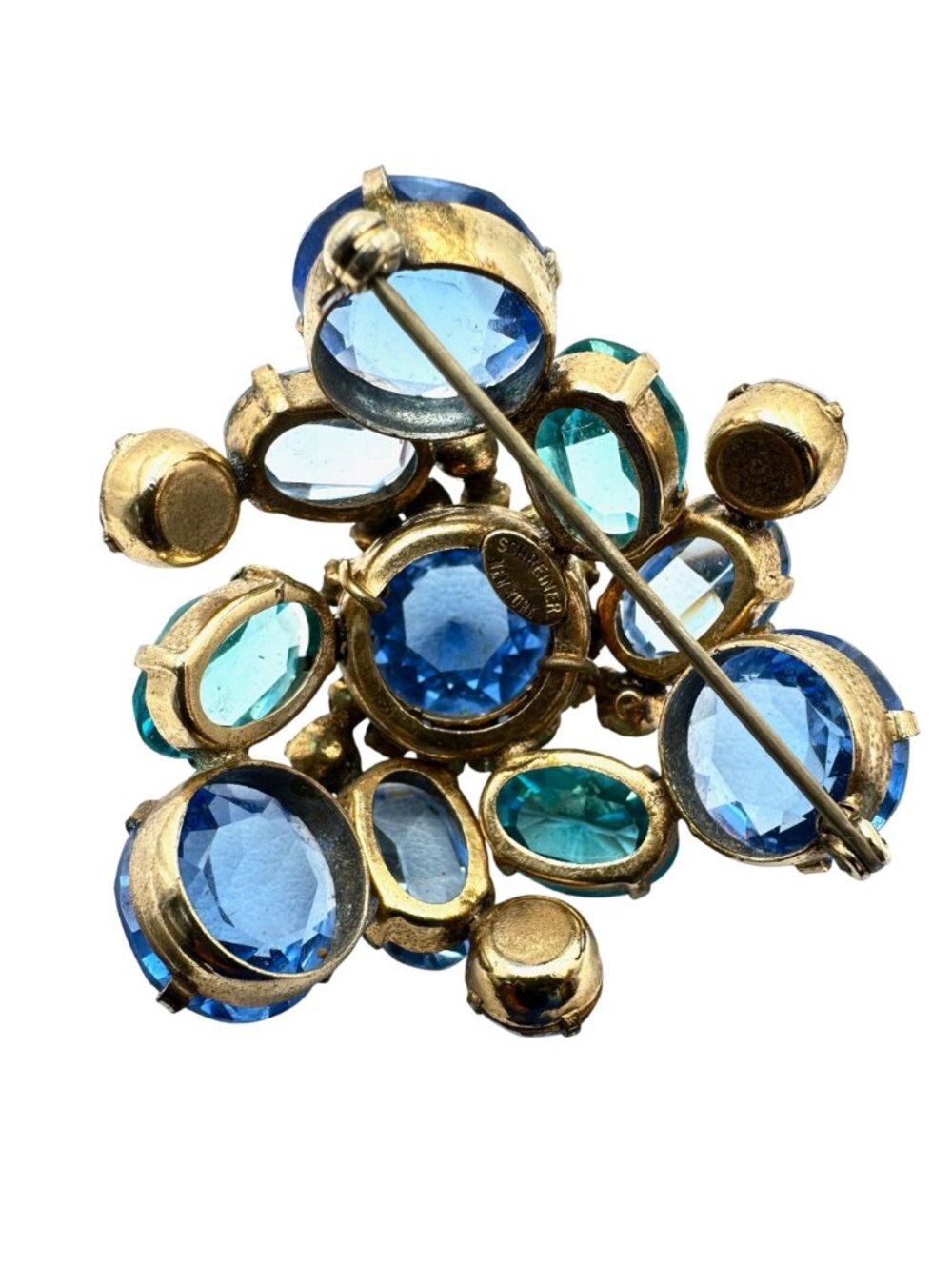 Vintage Signed Schreiner New York Brooch Pin Blue Reverse Set Glass Rhinestone - Picture 8 of 12